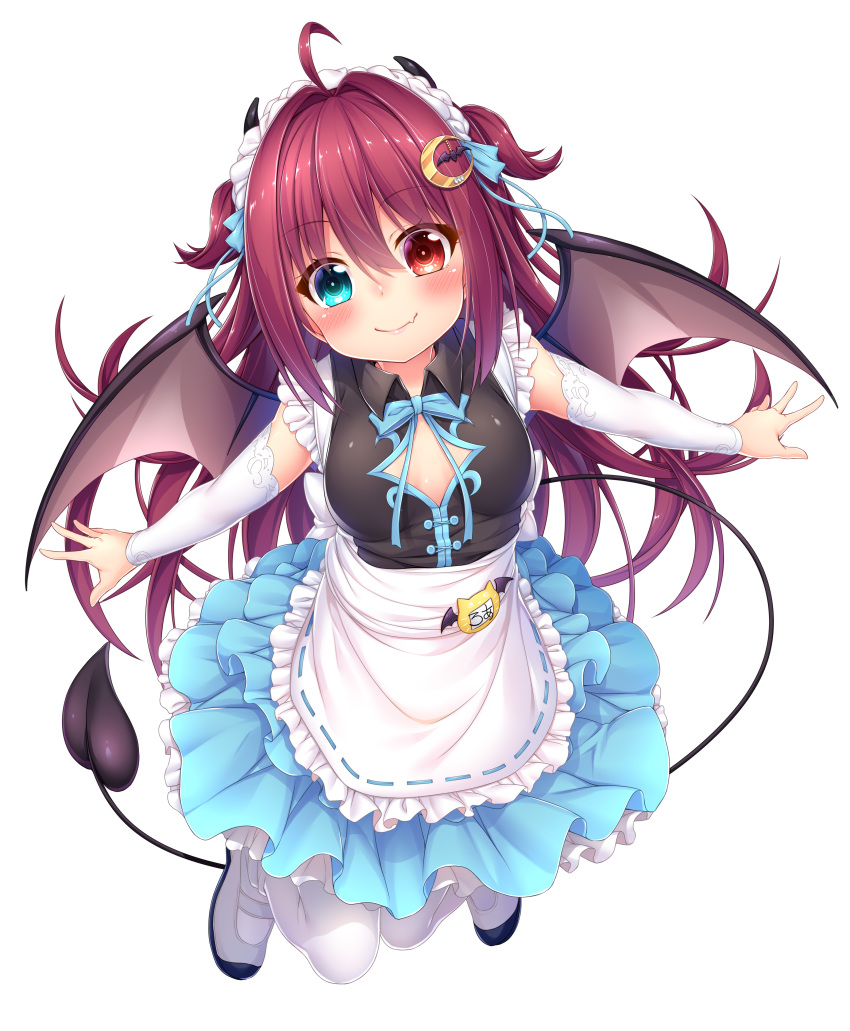 1girl absurdres apron aqua_eyes bat_hair_ornament black_shirt blue_skirt breasts brown_wings closed_mouth commentary_request crescent crescent_hair_ornament demon_girl demon_horns demon_tail demon_wings detached_sleeves fang fang_out frilled_apron frilled_skirt frills full_body hair_ornament heart heart_in_eye heterochromia highres horns long_sleeves maid_headdress nijisanji pantyhose pleated_skirt red_eyes red_hair ribbon-trimmed_apron ribbon_trim shirt shoes simple_background skirt small_breasts smile solo symbol_in_eye tail two_side_up uwabaki virtual_youtuber waist_apron wakagi_repa white_apron white_background white_footwear white_legwear white_sleeves wings yuzuki_roa