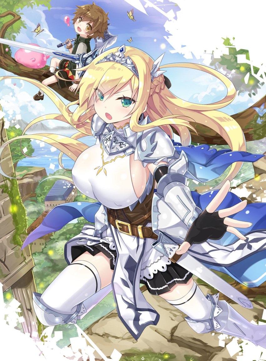 1boy 1girl :o armor armored_dress bangs belt black_skirt blonde_hair blush bracer braid breasts bug butterfly character_request comm-nan_no_ore_ga_koushou_skill_ni_zenfurishite_tenseishita_kekka covered_nipples diadem eyebrows_visible_through_hair eyes_visible_through_hair fingerless_gloves french_braid gloves greaves green_eyes highres holding holding_sword holding_weapon in_tree insect large_breasts leg_up long_hair novel_illustration official_art outdoors outstretched_arms pelvic_curtain pleated_skirt sheath short_hair shota shoulder_armor sideboob sidelocks sitting sitting_in_tree skirt spaulders swept_bangs sword thighhighs tree v-shaped_eyebrows weapon white_legwear yano_mitsuki