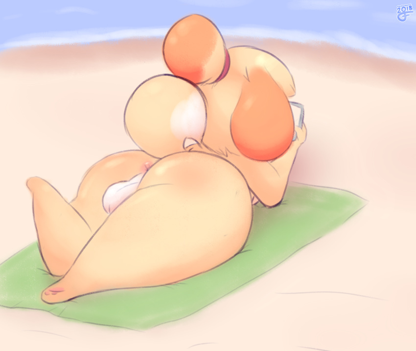 animal_crossing anthro anus balls beach big_butt breasts butt canid canine canis domestic_dog fur furfireburst hair intersex isabelle_(animal_crossing) lying mammal nintendo nude seaside shih_tzu solo thick_thighs toy_dog video_games wide_hips yellow_body yellow_fur