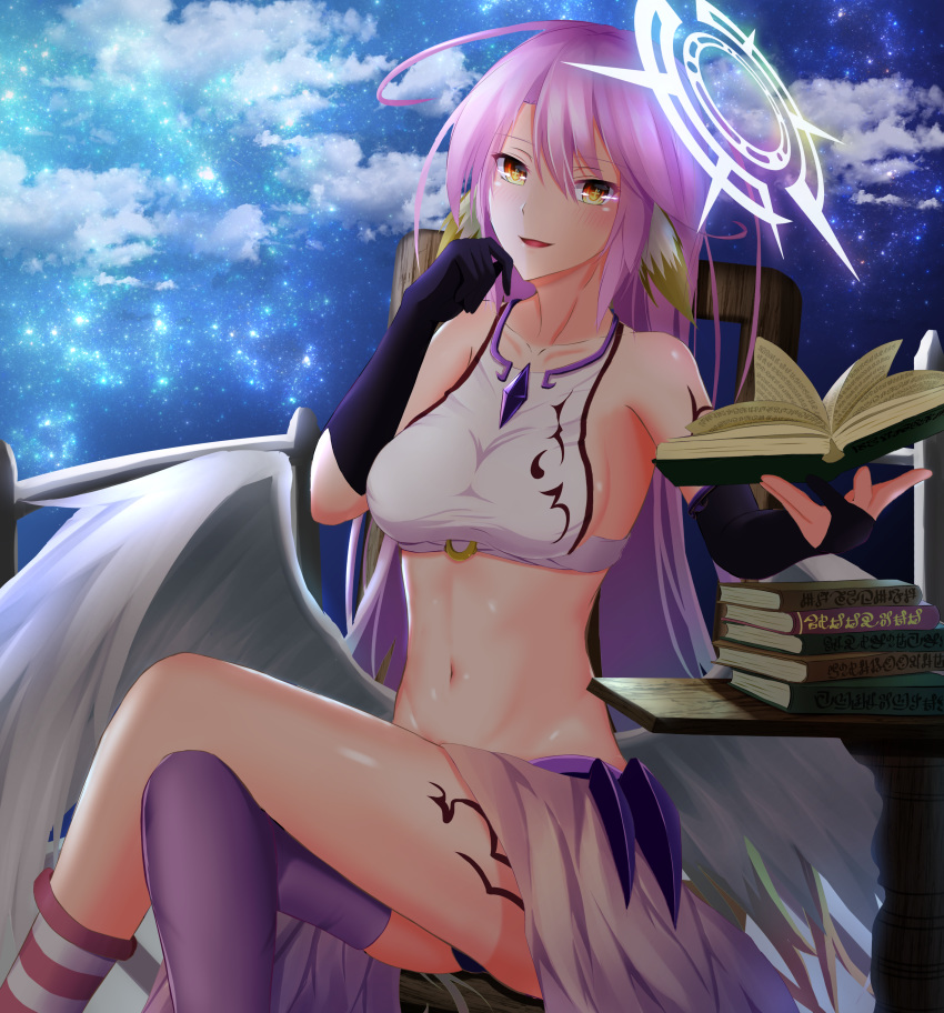 +_+ 1girl :d absurdres angel_wings arm_tattoo bangs bare_shoulders blush book book_stack breasts chair cloud collarbone commentary_request cowboy_shot cross crossed_legs elbow_gloves eyebrows_visible_through_hair feathered_wings gloves gradient_hair groin hair_between_eyes halo hand_on_own_face highres holding holding_book huge_filesize jibril_(no_game_no_life) large_breasts leg_tattoo long_hair looking_at_viewer low_wings magic_circle masamune_tokunaga midriff mismatched_legwear multicolored multicolored_eyes multicolored_hair navel no_game_no_life open_book open_mouth panties pink_hair pink_shirt purple_gloves purple_legwear purple_panties railing shirt sideboob sidelocks single_bridal_gauntlet single_elbow_glove single_sock single_thighhigh sitting sky sleeveless sleeveless_shirt smile socks solo star_(sky) starry_sky striped striped_legwear symbol-shaped_pupils table tattoo taut_clothes taut_shirt thighhighs underwear waist_cape white_wings wing_ears wings