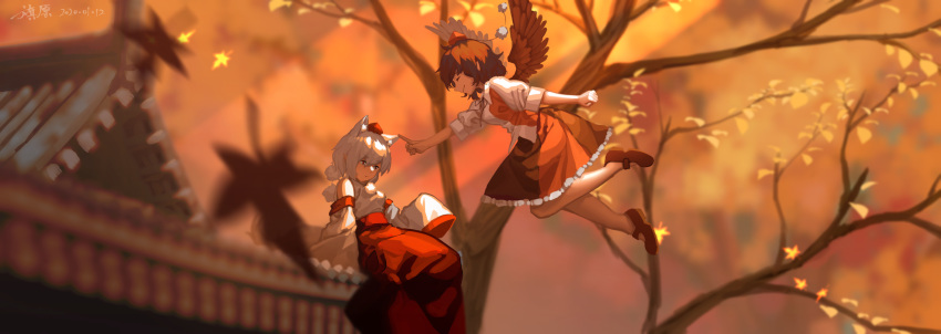 2girls architecture arm_up arms_behind_back autumn autumn_leaves bird_wings black_hair black_skirt blurry blurry_background blurry_foreground chinese_commentary clenched_hand closed_eyes commentary_request depth_of_field detached_sleeves east_asian_architecture expressionless feathered_wings feet_out_of_frame floating folded_leg frilled_skirt frills furahata_gen hakama_skirt hand_on_another's_ear hat highres inubashiri_momiji leaf looking_down maple_leaf mary_janes multiple_girls on_roof outstretched_hand pom_pom_(clothes) puffy_short_sleeves puffy_sleeves reclining red_eyes red_footwear red_headwear shameimaru_aya shirt shoes short_hair short_sleeves sitting skirt sleeves_past_fingers sleeves_past_wrists smile tokin_hat touhou tree white_hair white_shirt wings