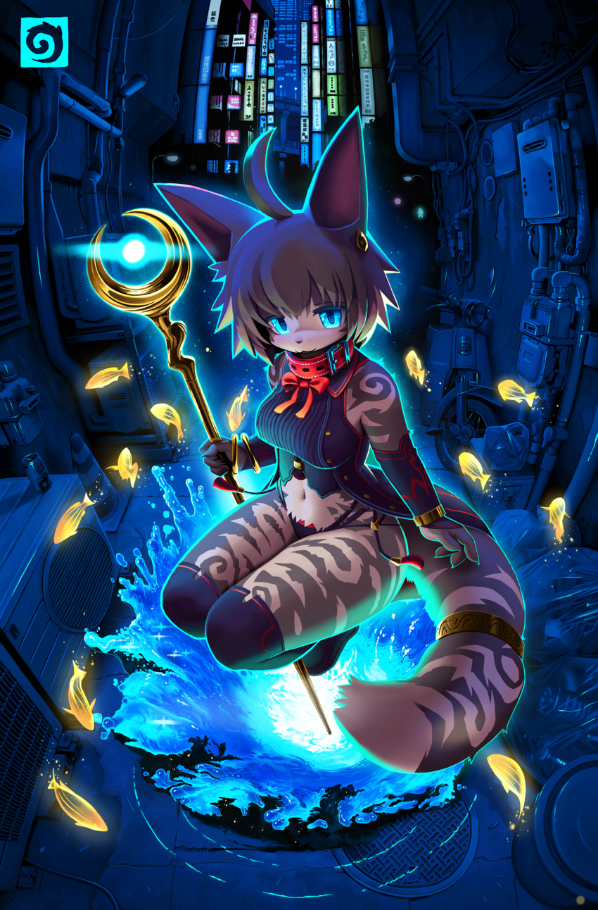 :3 ahoge anthro blue_eyes boots city clothing domestic_cat felid feline felis female fish footwear fur grey_body grey_fur hair hi_res kemono lyc magic mammal marine navel scepter short_hair sleeveless solo water