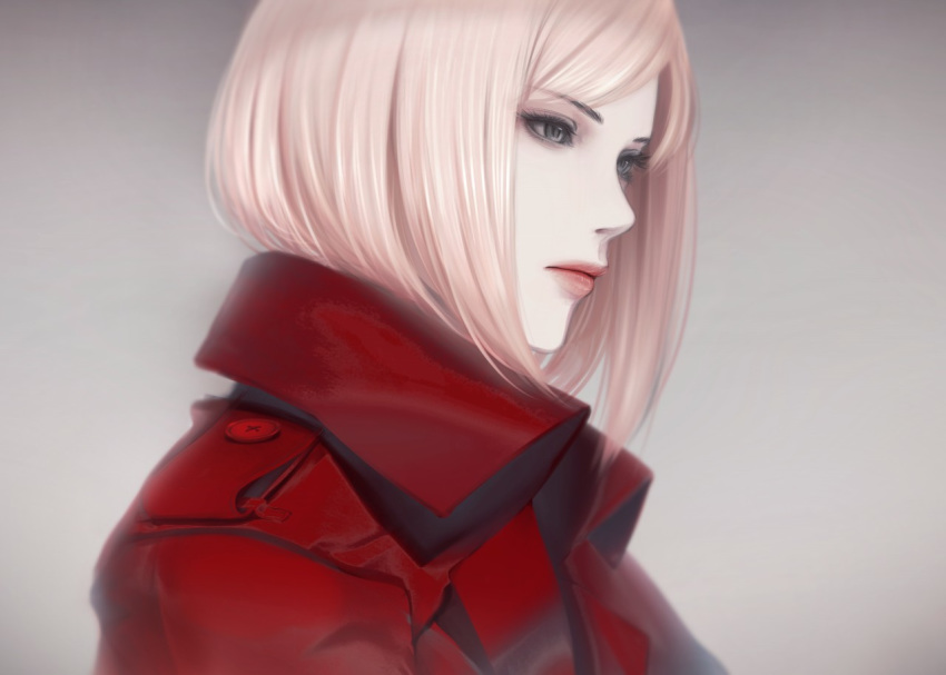 1girl bangs black_eyes blurry buttons closed_mouth coat erise from_side grey_background looking_away original portrait red_coat silver_hair solo