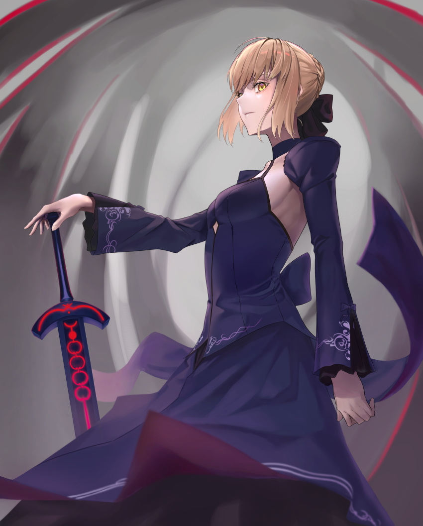 1girl absurdres artoria_pendragon_(all) bangs black_bow blonde_hair bow braid braided_bun closed_mouth excalibur fate/stay_night fate_(series) hair_bow hand_on_hilt highres long_skirt long_sleeves maririri111 purple_skirt saber_alter short_hair shrug_(clothing) skirt solo standing yellow_eyes