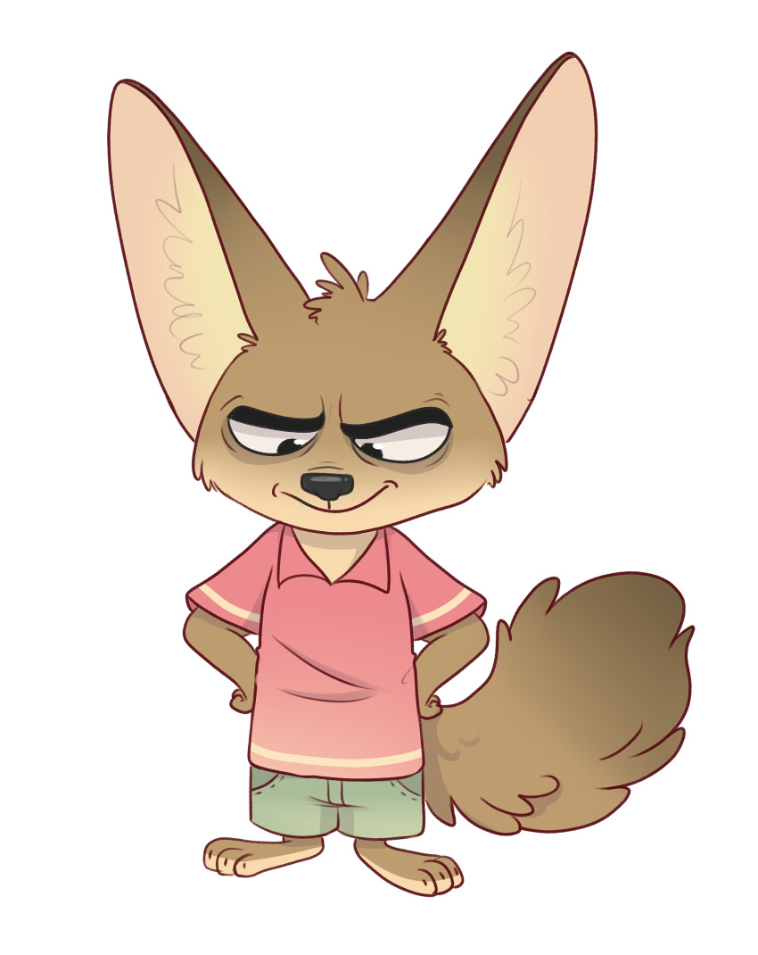 2019 alpha_channel anthro barefoot black_nose bottomwear canid canine cheek_tuft clothing disney facial_tuft fennec finnick fox fur hands_on_hips head_tuft hi_res inner_ear_fluff mammal shirt shorts simple_background solo standing tan_body tan_fur tommysamash topwear transparent_background tuft zootopia