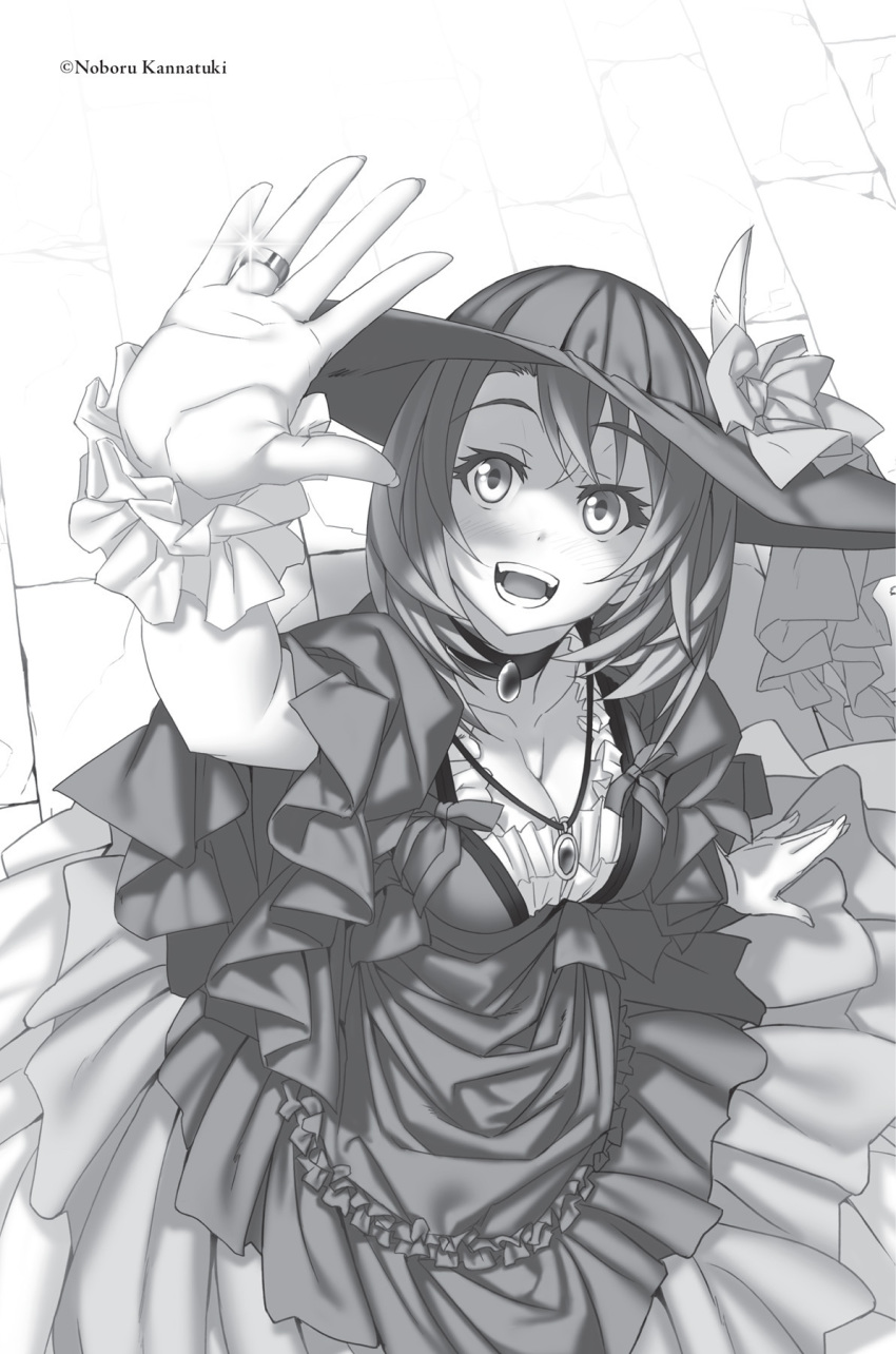 1girl :d artist_name breasts choker cleavage collarbone cow_girl_(goblin_slayer!) dress from_above goblin_slayer! hat highres jewelry kannatsuki_noboru layered_dress long_dress long_hair looking_up medium_breasts monochrome novel_illustration official_art open_mouth ring smile solo sparkle