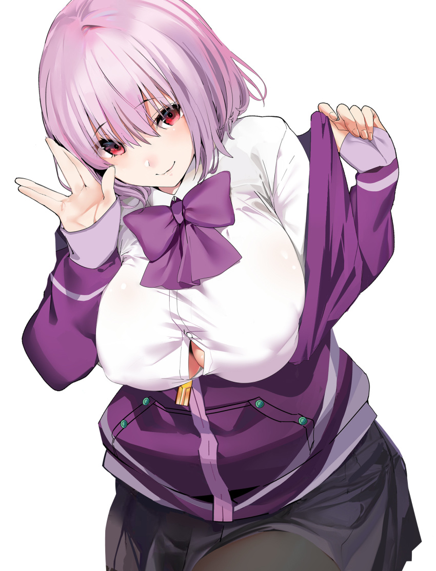 1girl bangs black_legwear black_skirt blush bow bowtie breasts button_gap closed_mouth collared_shirt dress_shirt highres jacket large_breasts lavender_hair long_sleeves looking_at_viewer marushin_(denwa0214) off_shoulder purple_bow purple_jacket purple_neckwear shinjou_akane shirt simple_background skirt ssss.gridman white_background white_shirt zipper_pull_tab