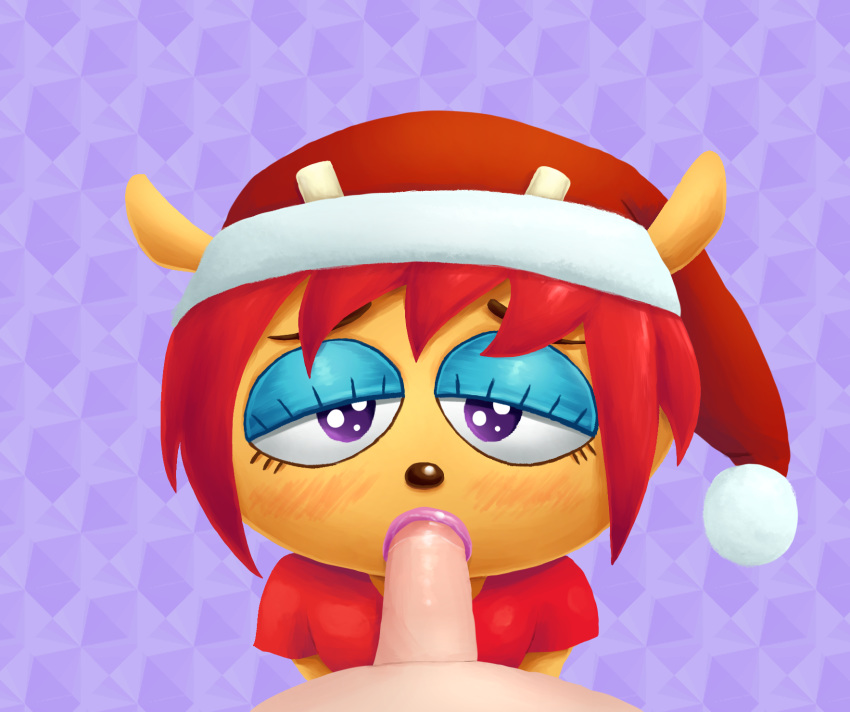 anthro blush bovid caprine christmas clothed clothing duo eyeshadow fellatio female female_focus first_person_view fur hair hat headgear headwear hi_res holidays lammy_lamb looking_at_viewer makeup male male/female mammal oral orange_body orange_fur parappa_the_rapper penile purple_background purple_eyes red_hair santa_hat sex sheep simple_background solo_focus sony_corporation sony_interactive_entertainment sr um_jammer_lammy video_games