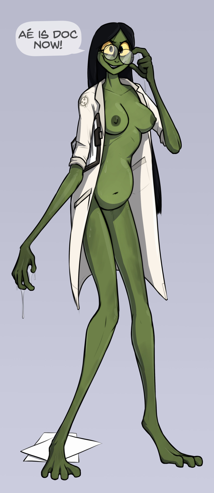 absurd_res amphibian black_hair breasts clothing coat eyewear female glasses green_body green_skin hair hi_res keadonger lab_coat nipples scp-811 scp_foundation solo text topwear yellow_eyes