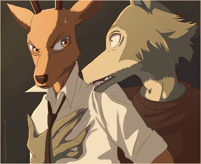 2019 anthro antlers beastars bodily_fluids border brown_body brown_eyes brown_fur canid canine canis cervid clothed clothing duo fur grey_body grey_fur hi_res horn legoshi_(beastars) light lighting louis_(beastars) mammal necktie open_mouth shirt sweat sweatdrop teeth tommysamash topwear wolf