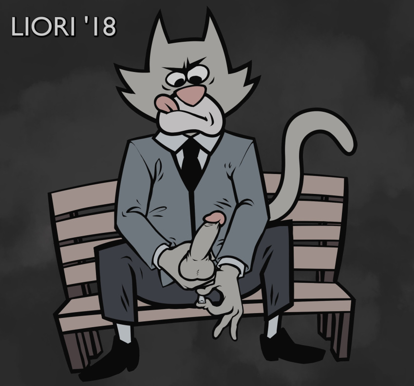 anthro balls bench clothed clothing domestic_cat erection felid feline felis footwear hi_res humanoid_penis legwear male mammal necktie penis redo_(artist) shoes sitting socks solo split_the_room suit the_jackbox_party_pack tongue tongue_out