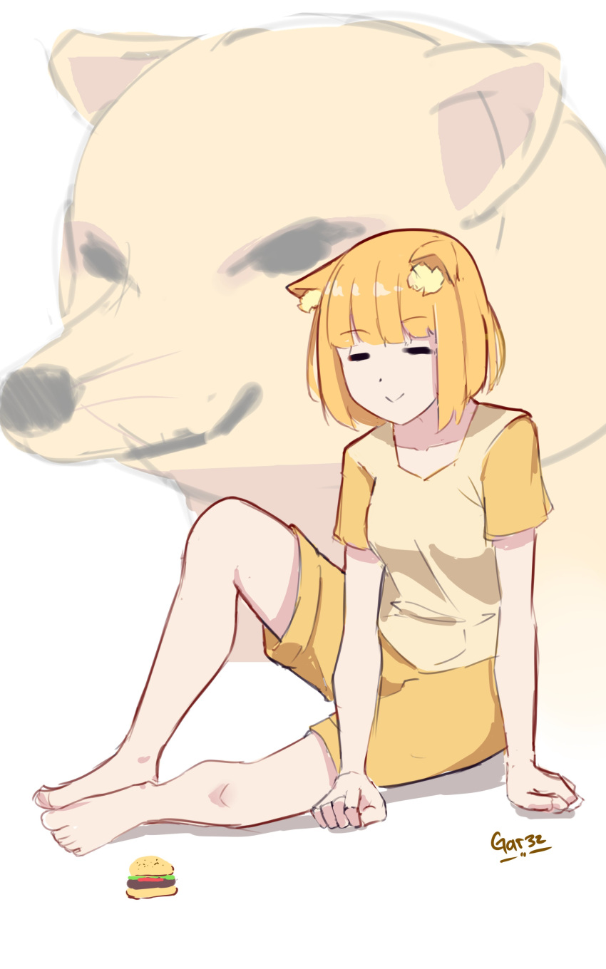 1girl =_= absurdres animal_ear_fluff animal_ears barefoot closed_eyes closed_mouth commentary dog dog_ears doge ears_down english_commentary eyebrows_visible_through_hair facing_viewer food hamburger highres meme orange_shorts original personification shirt short_sleeves shorts signature sitting smile solo tegar32 yellow_shirt