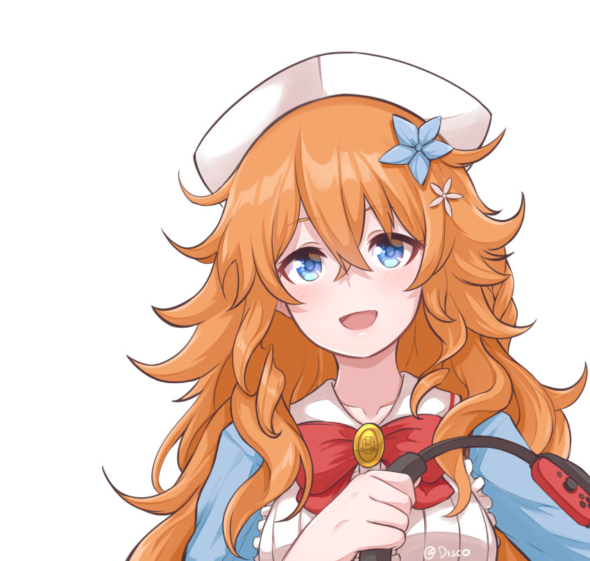 blue_eyes blue_flower bow bowtie brooch disco_brando flower hair_flower hair_ornament highres jewelry joy-con messy_hair nijisanji orange_hair otogibara_era ring-con ring_fit_adventure virtual_youtuber