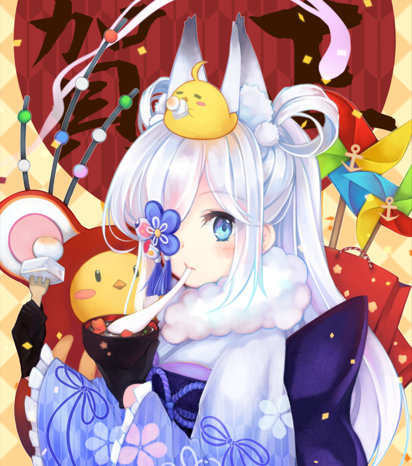 1girl animal animal_ear_fluff animal_ears animal_on_head azur_lane bird black_gloves blue_eyes blue_kimono blush bowl chick chinese_zodiac closed_mouth commentary_request eating floral_print fork frilled_sleeves frills fur_collar gloves hair_rings highres holding holding_bowl holding_fork japanese_clothes kasumi_(azur_lane) kimono long_hair long_sleeves looking_at_viewer manjuu_(azur_lane) mochi new_year obi on_head otogi_kyouka print_kimono sash solo upper_body white_hair wide_sleeves yagasuri year_of_the_rat