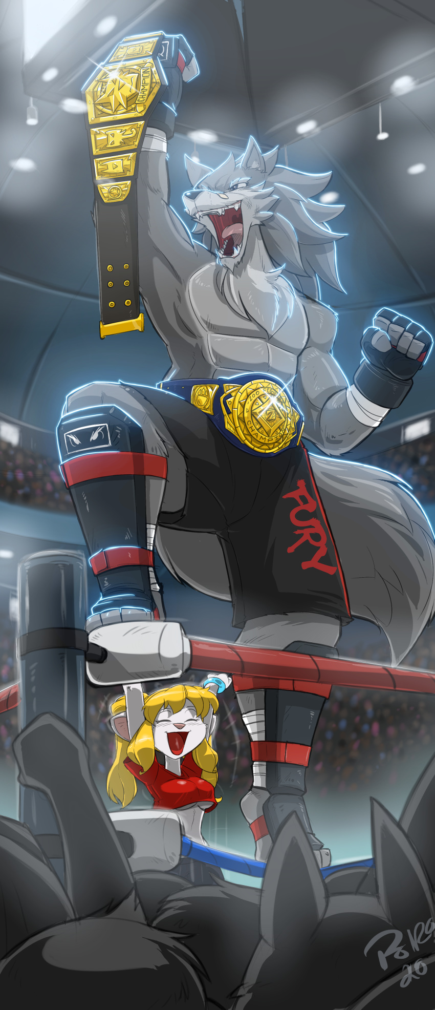 2020 3_toes 5_fingers abs absurd_res anthro belt blonde_hair blush canid canine canis chest_tuft clothed clothing detailed_background digital_media_(artwork) eyebrows eyelashes eyes_closed fangs female fighting_ring fingerless_gloves fingers fist fur gloves grey_body grey_fur group hair handwear hi_res holding_object inside long_hair male mammal mma muscular muscular_male open_mouth shirt shonuff shred smile standing teeth toes tongue topless topwear tuft white_body white_fur wolf
