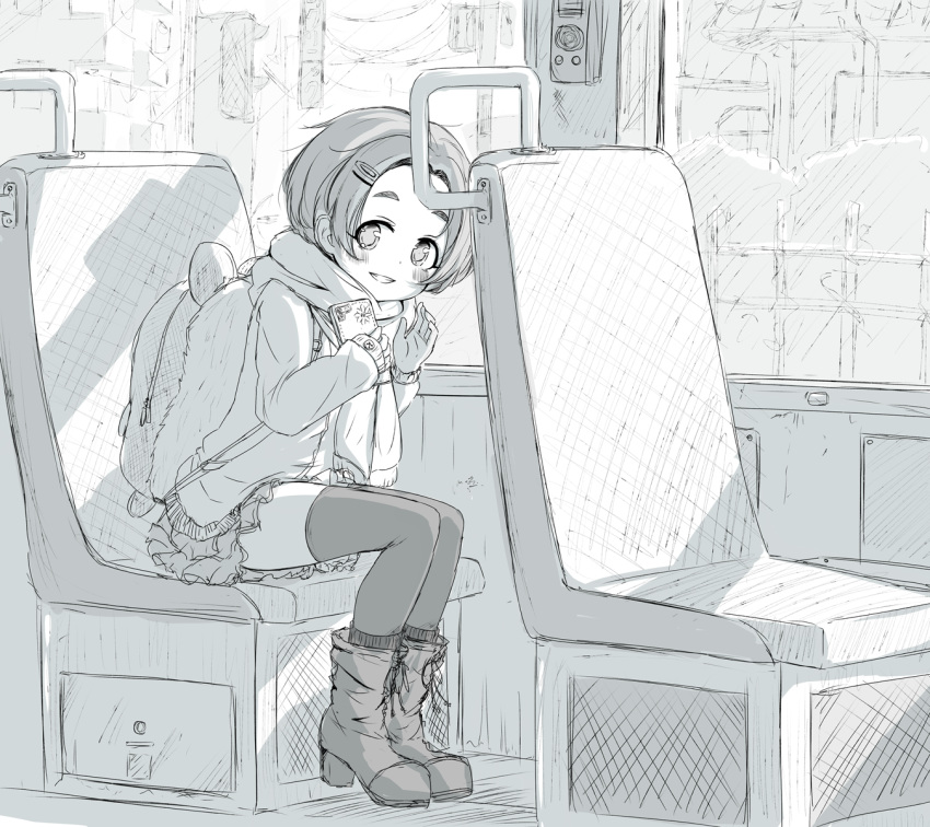 1girl backpack bag blush boots bus_interior buttons cardigan chair day fur grin hair_ornament hairclip high_heel_boots high_heels highres holding idolmaster idolmaster_cinderella_girls leaning_forward long_sleeves looking_at_viewer mikuma_folgore miniskirt monochrome ryuuzaki_kaoru scarf shade short_hair sitting sketch skirt sleeves_past_wrists smile socks_over_thighhighs solo themed_object thighhighs wallet waving window