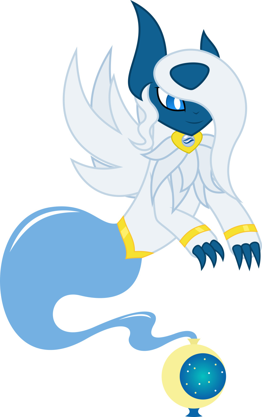 2018 absurd_res alpha_channel ambiguous_gender armband blue_eyes bottle feral fur genie gold_(metal) gold_jewelry happy hi_res jewelry mega_absol mega_evolution mega_stone nintendo parclytaxel pok&eacute;mon pok&eacute;mon_(species) simple_background smile solo superabsurd_res transparent_background video_games white_body white_fur