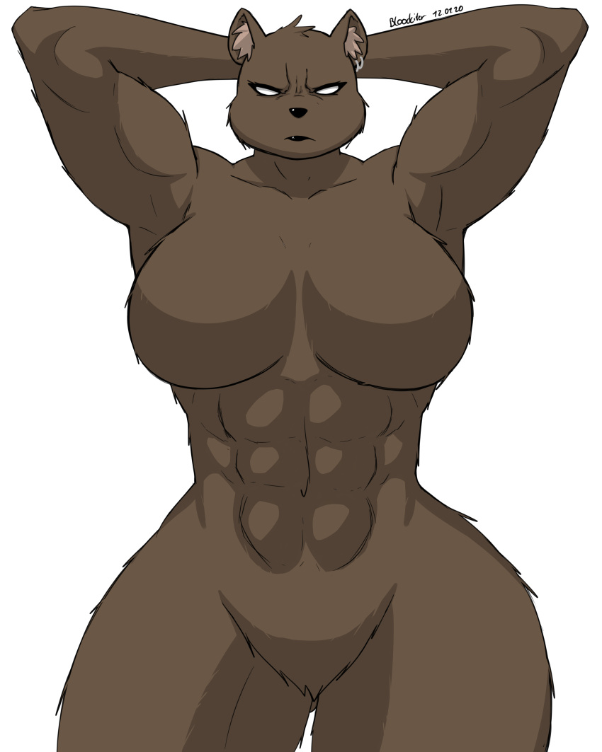 absurd_res angry big_breasts big_butt bloodcifer breasts brown_body brown_fur butt female fur hi_res mammal muscular muscular_female solo ursid