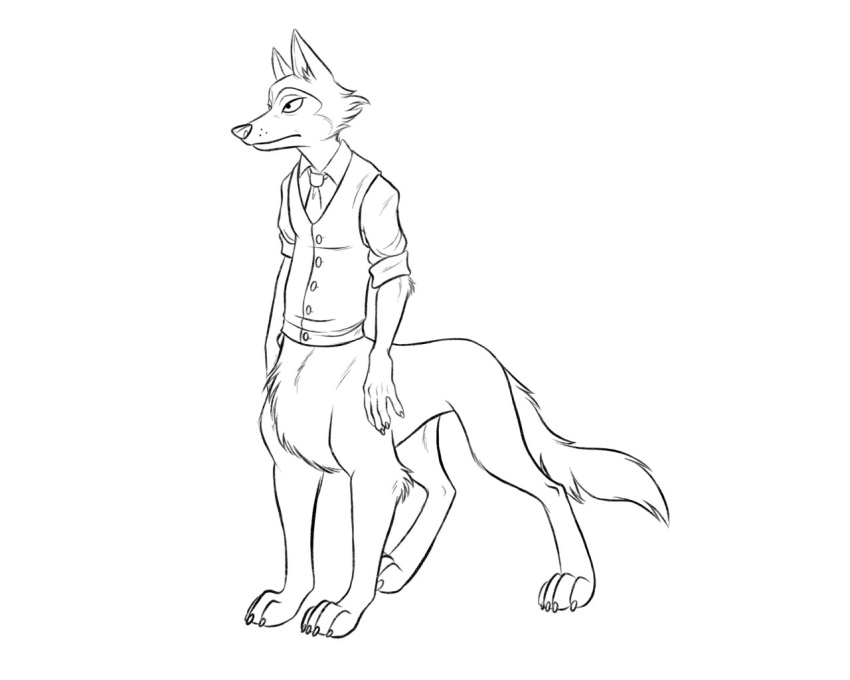 2019 5:4 beastars beastbehavior bottomless canid canid_taur canine canine_taur canis chest_tuft claws clothed clothing legoshi_(beastars) line_art mammal mammal_taur monochrome necktie rolled_up_sleeves shirt simple_background solo standing taur topwear tuft vest white_background wolf wolf_taur