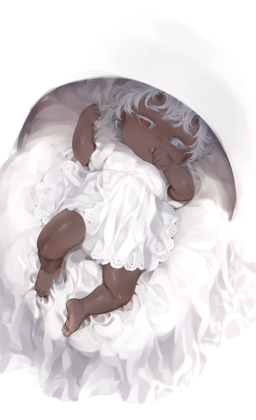 alexis_(zkstxxx) baby child cradle dark_skin finger_sucking grey_hair highres horns mismatched_sclera oni oni_horns phantasy_star short_hair solo younger zkstxxx