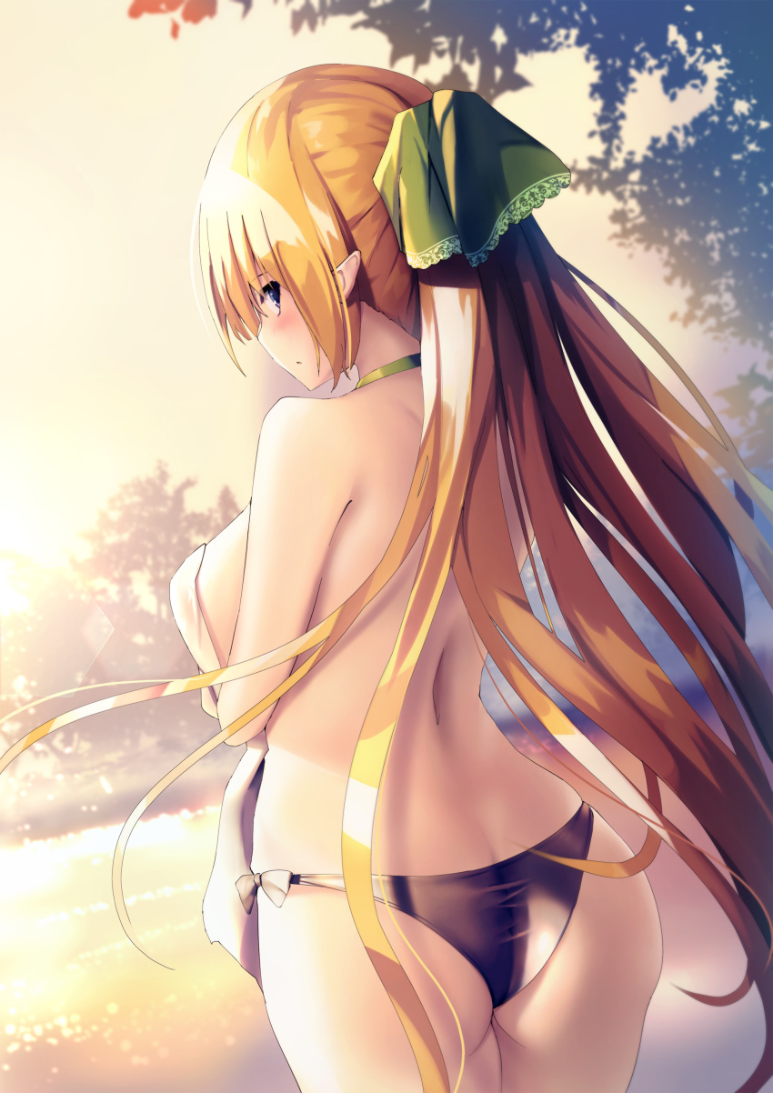 ass bikini breast_hold elf liya pointy_ears swimsuits topless towel