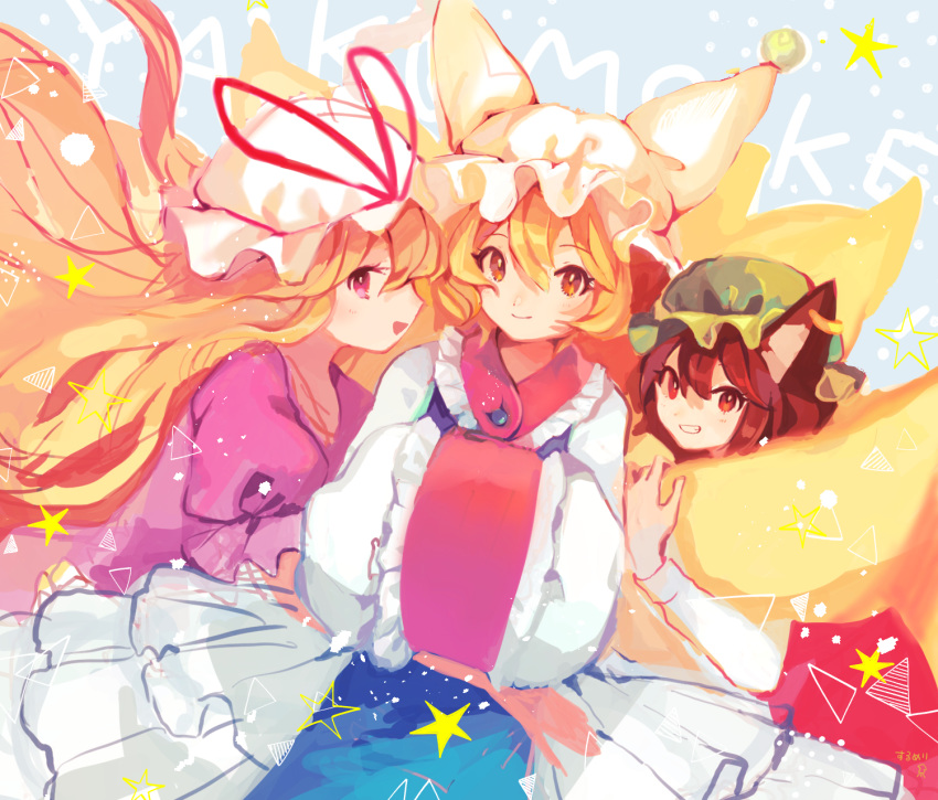3girls animal_ears blonde_hair blue_background brown_eyes brown_hair cat_ears chen commentary cowboy_shot dress dutch_angle fox_tail from_side green_headwear grin hair_between_eyes hands_in_opposite_sleeves hat hat_ribbon highres jewelry leaning_forward long_hair long_sleeves looking_at_viewer mob_cap multiple_girls multiple_tails orange_eyes pillow_hat profile puffy_short_sleeves puffy_sleeves purple_dress purple_eyes red_skirt ribbon shirt short_hair short_sleeves sideways_glance single_earring sketch skirt smile standing star surumeri_(baneiro) tabard tail tail_hug touhou triangle upper_body very_long_hair white_dress white_headwear white_shirt yakumo_ran yakumo_yukari