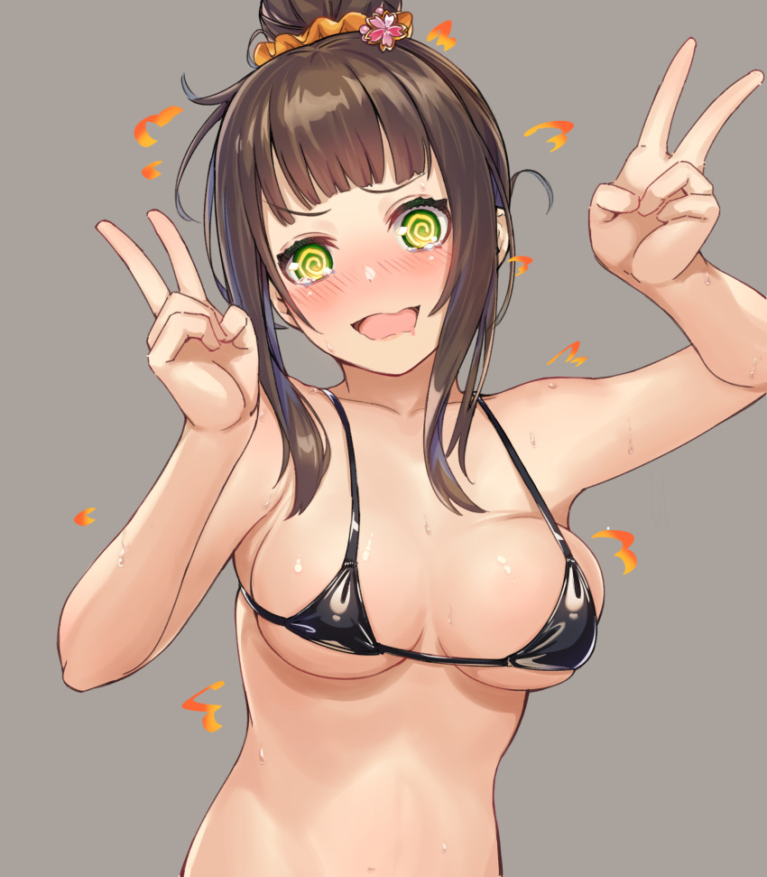 1girl @_@ bangs bare_shoulders black_bikini_top blunt_bangs blush breasts brown_hair collarbone double_v eyebrows_visible_through_hair foreshortening green_eyes grey_background hair_bun hair_ornament hair_scrunchie hamaguchi_ayame hands_up highres idolmaster idolmaster_cinderella_girls looking_at_viewer medium_breasts micro_bikini_top mrpeanut_88 nervous_smile open_mouth raised_eyebrow scrunchie shiny shiny_skin sidelocks simple_background skindentation smile solo sweat tearing_up tongue underboob upper_body v wavy_mouth