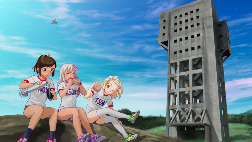 3girls :t aircraft alternate_costume bare_arms bare_legs blonde_hair blue_sky blush brown_eyes brown_hair building cloud commentary_request day eating flower food grass green_eyes gym_shirt gym_uniform hair_flower hair_ornament hairband hairclip highres holding holding_food i-401_(kantai_collection) i-504_(kantai_collection) kantai_collection kneehighs luigi_torelli_(kantai_collection) mu-pyon multiple_girls name_tag one_eye_closed open_mouth outdoors ponytail ro-500_(kantai_collection) sandwich seaplane shirt shoes short_hair short_ponytail short_sleeves sitting sky smile sneakers tan thighhighs torpedo tree white_hair white_hairband white_shirt