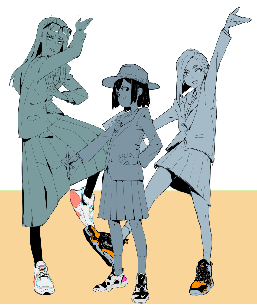 3girls absurdres arm_up asakusa_midori black_legwear blazer eizouken_ni_wa_te_wo_dasu_na! eyewear_on_head freckles glasses hat highres jacket kanamori_sayaka limited_palette makai mizusaki_tsubame multiple_girls necktie open_mouth pencil pleated_skirt pose school_uniform shoes skirt smile sneakers standing standing_on_one_leg