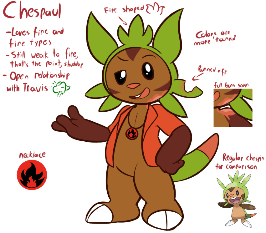 2_toes 3_fingers anthro black_sclera brown_body brown_fur burn_scar chespaul chespin claws clothing english_text featureless_crotch felino fingers fur hand_on_hip hi_res looking_at_viewer male model_sheet nintendo open_mouth pink_nose pok&eacute;mon pok&eacute;mon_(species) red_clothing red_topwear solo_focus striped_body striped_fur stripes text toe_claws toes topwear treecko treecky video_games white_backgroud white_eyes