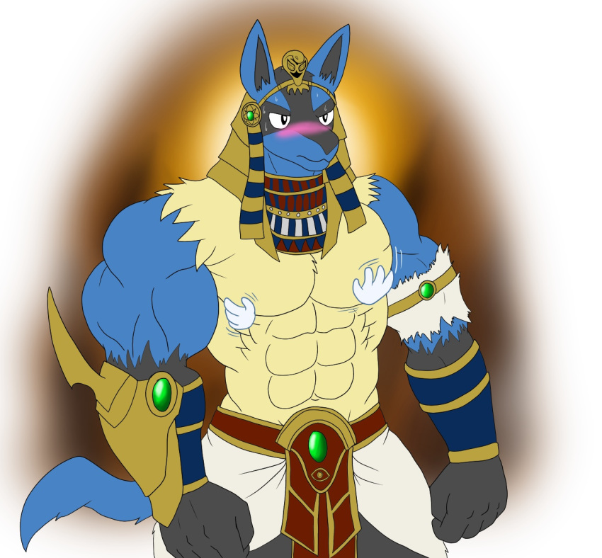 abs anthro armor biceps blush bodily_fluids bracers clothed clothing disembodied_hand egyptian flameydragwasp headdress hi_res loincloth lucario male muscular muscular_male nintendo pecs pharoah pok&eacute;mon pok&eacute;mon_(species) solo standing sweat topless video_games