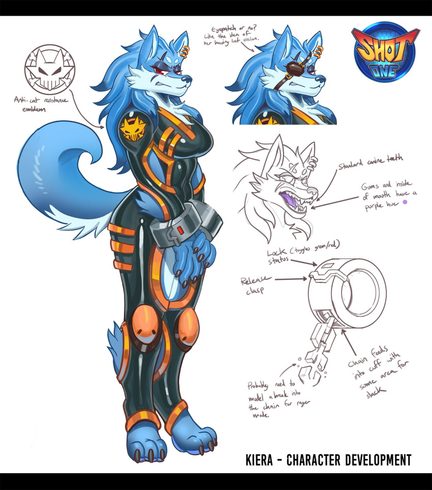 angry annoyed anthro athletic biped blue_body blue_fur blue_hair bodysuit bound canid canine canis chain claws clothing colored_sketch concept_art cuffs_(disambiguation) curvaceous curvy_figure ear_piercing ear_ring eye_patch eyelashes eyewear fangs female fluffy fluffy_chest fur game_(disambiguation) growling hair hi_res invalid_tag kiera_(shot_one) long_hair mammal muscular piercing red_eyes rubber rubber_suit scar shot_one showing_teeth simple_background sketch skinsuit skintight_suit tight_clothing video_games voluptuous white_body white_fur wide_hips wolf