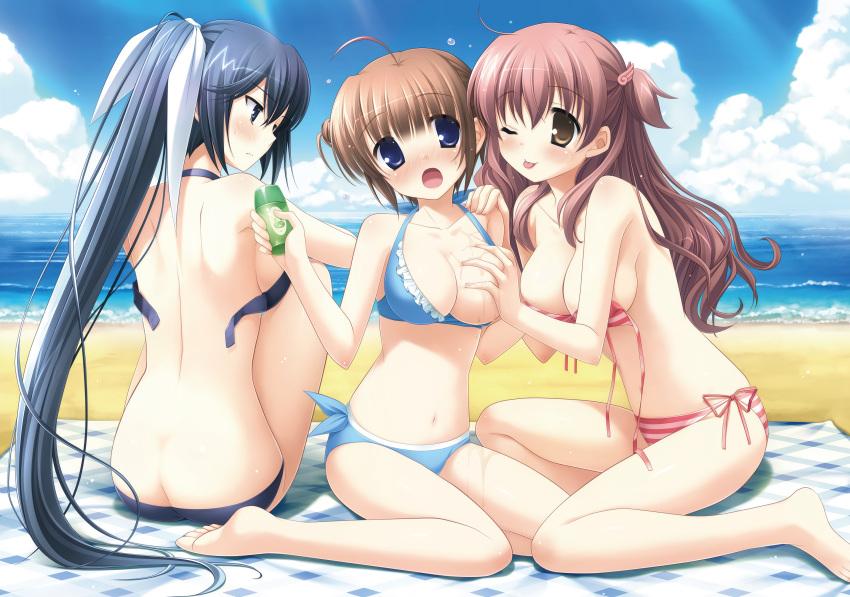 breast_grab cropped hosaka_hina hulotte ikegami_akane saran_takamizawa tagme_(character) tezuka_yumimi with_ribbon yuri