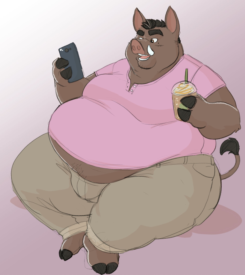 anthro belly beverage big_belly brown_body brown_fur butt captainjusticevirtsuoso cellphone clothed clothing fingers fur hi_res holding_beverage holding_cellphone holding_object holding_phone hooved_fingers hooves male mammal moobs obese obese_male open_mouth open_smile overweight overweight_male phone sitting smartphone smile solo suid suina sus_(pig) tail_tuft thick_thighs tuft tusks wild_boar