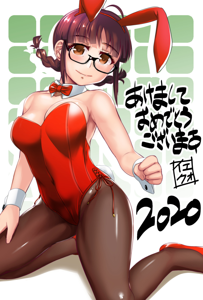 1girl 2020 absurdres akeome akizuki_ritsuko animal_ears antenna_hair black_legwear bow bowtie braid brown_eyes brown_hair bunny_ears bunnysuit commentary_request detached_collar full_body glasses gradient gradient_background grid_background happy_new_year high_heels highres idolmaster idolmaster_(classic) idolmaster_1 iekuo leotard looking_at_viewer new_year pantyhose red_footwear red_leotard red_neckwear solo strapless strapless_leotard twin_braids white_background wrist_cuffs