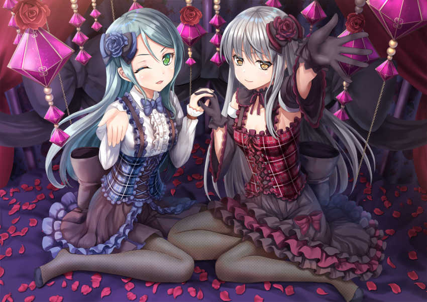 2girls bang_dream! blush bow brown_eyes gloves goth-loli gray_hair green_eyes green_hair hikawa_sayo lolita_fashion long_hair minato_yukina pantyhose toshi_(1-147) wink