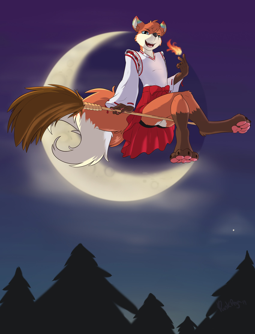 2019 4_toes ambiguous_gender anthro broom canid canine clothing digital_media_(artwork) dipstick_tail dress fire flying fox fur girly hi_res magic mammal moon multi_tail multicolored_body multicolored_fur multicolored_tail open_mouth orange_body orange_fur paws punk-pegasus shadow_the_kitsune solo toes upskirt