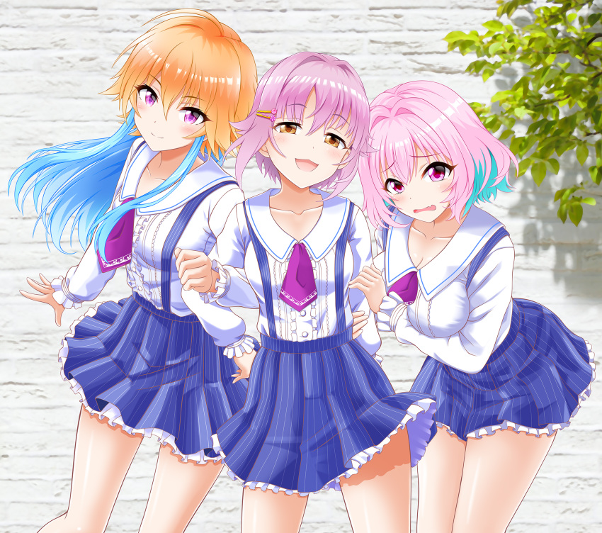 3girls :3 arm_grab arms_behind_back bangs bare_legs blue_hair blush breasts brown_eyes collarbone commentary_request cowboy_shot eva_16-gouki eyebrows_visible_through_hair fang frilled_shirt frilled_skirt frilled_sleeves frills hair_between_eyes hair_extensions hair_intakes hair_ornament hairclip half-closed_eyes highres idolmaster idolmaster_cinderella_girls idolmaster_cinderella_girls_starlight_stage koshimizu_sachiko large_breasts leaning_forward locked_arms long_sleeves looking_at_viewer medium_breasts multicolored_hair multiple_girls necktie ninomiya_asuka open_mouth orange_hair pink_eyes pink_hair purple_eyes purple_hair purple_neckwear purple_skirt sailor_collar shadow shirt short_hair sidelocks skin_fang skirt smile striped striped_skirt suspender_skirt suspenders tearing_up tree_branch two-tone_hair wall white_sailor_collar white_shirt yumemi_riamu