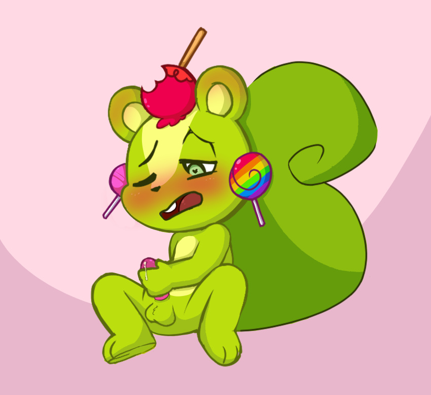 absurd_res balls blush buckteeth candy erection food fur green_body green_fur happy_tree_friends hi_res lollipop male mammal nutty_(htf) open_mouth penis rodent sciurid simple_background teeth tree_squirrel