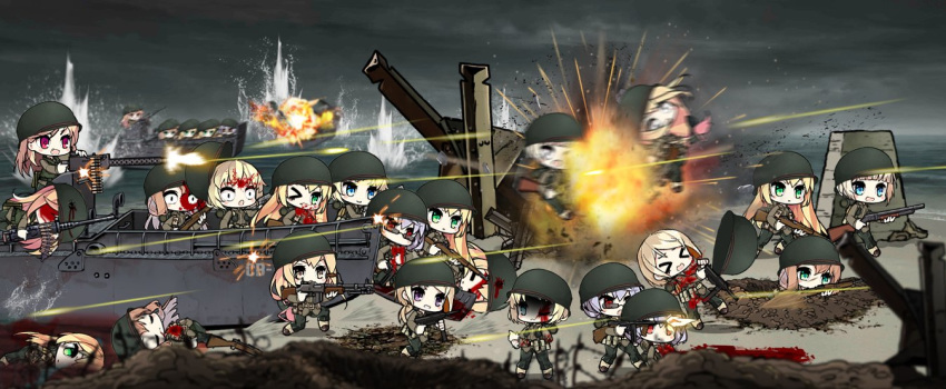 6+girls ammunition_belt artist_request beach bleeding blood chibi czech_hedgehog d-day death explosion firing girls_frontline gun handgun headshot helmet m1897_(girls_frontline) m1903_springfield_(girls_frontline) m1911_(girls_frontline) m1918_bar_(girls_frontline) m1919_(girls_frontline) m1_garand_(girls_frontline) m2hb_(girls_frontline) m3_grease_gun_(girls_frontline) machine_gun multiple_girls ocean shotgun submachine_gun thompson_(girls_frontline) weapon world_war_ii