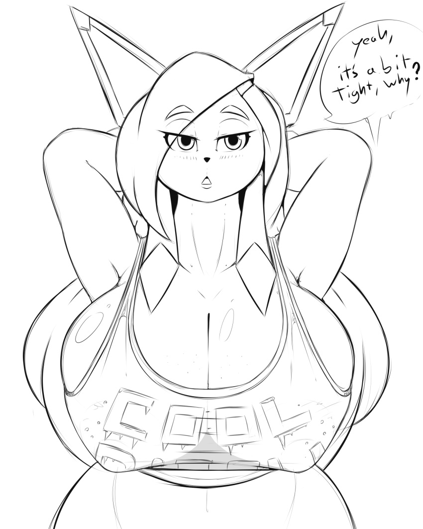 absurd_res anthro big_breasts breasts canid canine cleavage clothed clothing dialogue eeveelution female frozen_yoghurt glaceon hair hands_behind_head hi_res huge_breasts mammal midriff monochrome nintendo nipple_outline open_mouth pok&eacute;mon pok&eacute;mon_(species) pok&eacute;morph quin-nsfw shirt solo tank_top text topwear video_games