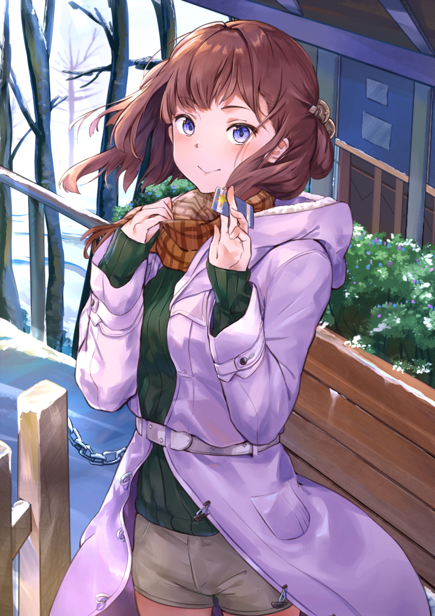 1girl bare_tree between_fingers black_sweater breasts brown_hair brown_scarf brown_shorts building card chain closed_mouth coat cowboy_shot fringe_trim hair_ornament highres holding holding_card hood hood_down hooded_coat long_sleeves looking_at_viewer mosta_(lo1777789) open_clothes open_coat original purple_coat purple_eyes ribbed_sweater scarf short_shorts shorts sleeves_past_wrists small_breasts smile snow solo standing sweater tree
