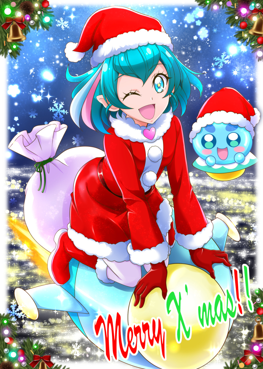 ;d blue_eyes blue_hair dress fur-trimmed_dress fur-trimmed_hat gift_bag gloves hagoromo_lala hanzou hat highlights highres kneeling long_sleeves looking_at_viewer multicolored_hair one_eye_closed open_mouth pointy_ears precure prunce_(precure) red_dress red_gloves red_headwear santa_costume santa_hat short_dress short_hair smile snowflakes star star-shaped_pupils star_twinkle_precure symbol-shaped_pupils