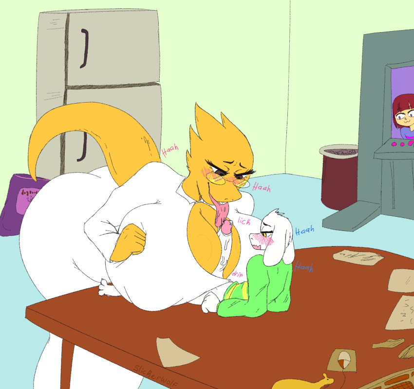 2020 age_difference alphys asriel_dreemurr being_watched big_penis blush bovid breasts caprine english_text eyewear female glasses goat hi_res human larger_female looking_at_another male male/female mammal penis protagonist_(undertale) sex size_difference slickerwolf smaller_male text titfuck tongue tongue_out undertale video_games