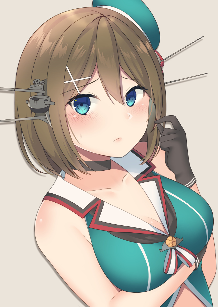 1girl absurdres arm_under_breasts bangs beret black_gloves blue_eyes blush breasts brown_background brown_hair cleavage closed_mouth collarbone eyebrows_visible_through_hair gloves hair_ornament hat headgear highres kanaka_(kananan0910828) kantai_collection large_breasts maya_(kantai_collection) remodel_(kantai_collection) short_hair simple_background sleeveless solo sweat x_hair_ornament