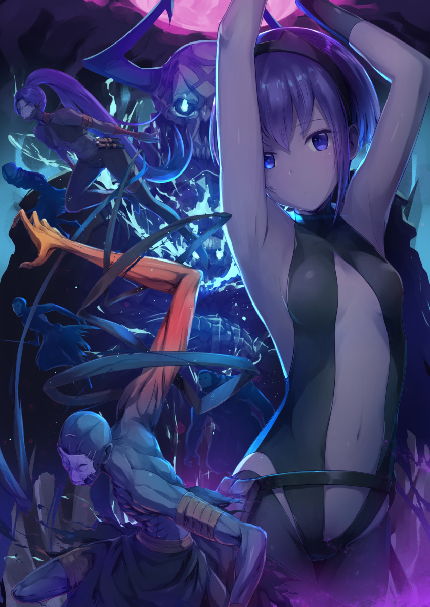 2girls 4boys armpits arms_up assassin_(fate/zero) bangs bare_shoulders black_bodysuit black_pants blue_fire bodysuit breasts commentary_request dark_skin eyebrows_visible_through_hair fate/grand_order fate/prototype fate/prototype:_fragments_of_blue_and_silver fate/zero fate_(series) female_assassin_(fate/zero) fire glowing glowing_eyes hair_between_eyes hassan_of_serenity_(fate) high_ponytail highres horns king_hassan_(fate/grand_order) long_hair multiple_boys multiple_girls navel pants ponytail purple_eyes purple_hair sakusaku skull skull_mask small_breasts very_long_hair