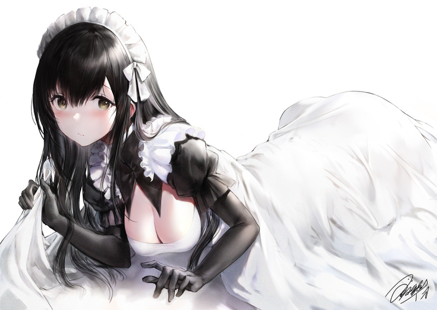 1girl bangs bed_sheet black_gloves black_hair blush breasts cleavage cleavage_cutout closed_mouth commentary dress elbow_gloves frilled_dress frilled_sleeves frills gloves hair_between_eyes hair_ribbon hand_up haori_iori long_hair looking_at_viewer lying maid maid_dress maid_headdress medium_breasts on_bed on_stomach original pale_skin puffy_short_sleeves puffy_sleeves ribbon sheet_grab shiny shiny_hair short_sleeves sidelocks signature simple_background solo white_background white_headdress white_ribbon yellow_eyes