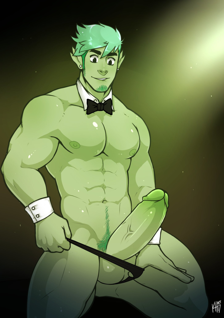 2017 abs ambiguous_species balls bite biting_lip biting_own_lip body_hair chippendales clothed clothing ear_piercing erection facial_hair green_body green_hair green_penis green_skin hair hairy happy_trail hi_res kneeling male muscular muscular_male navel nipples not_furry partially_clothed pecs penis piercing pubes sal_(pteroscreams) self_bite simple_background solo thong unafkennyart underwear vein veiny_penis