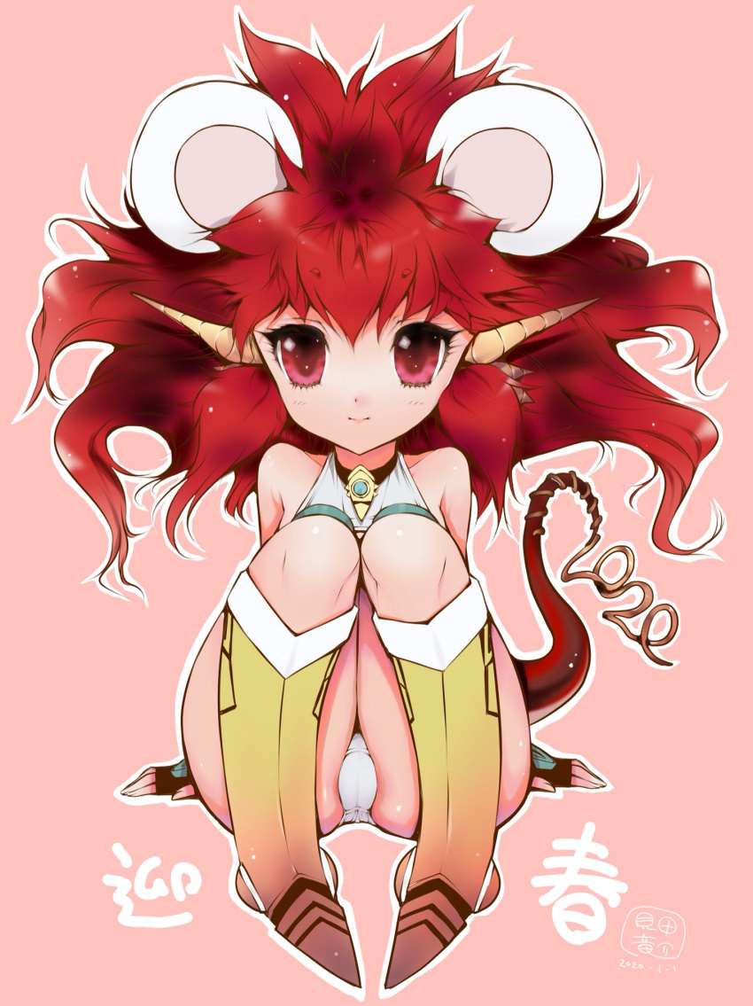 animal_ears boots highres horns knees light_smile mita_ryuusuke mouse_ears original red_eyes red_hair tail