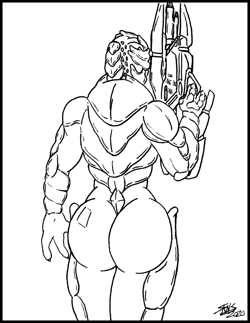 alien assault_rifle bubble_butt butt female gun hi_res humanoid kayreen line_art mass_effect monochrome not_furry ranged_weapon rear_view rifle skianous solo tally_count turian video_games weapon